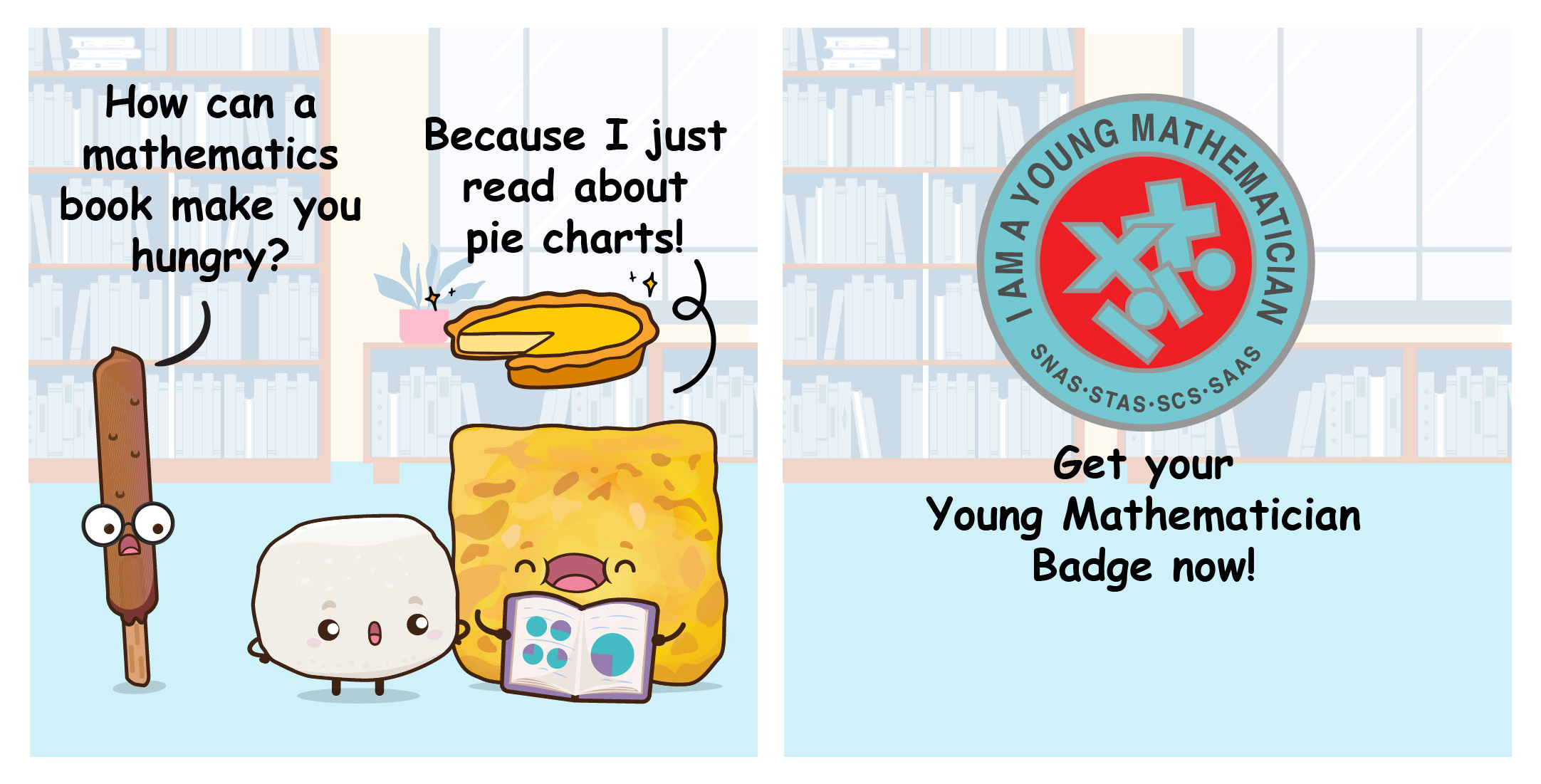 Two-panel comic concluding the data literacy lesson with Flip delivering a pun about pie charts making him hungry, followed by a promotion to earn the "Young Mathematician Badge."